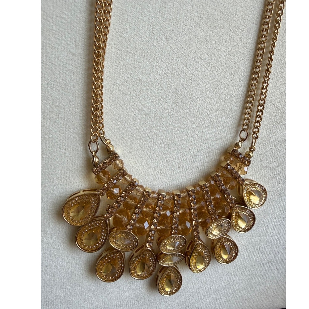 Champagne Amber gold tone Crystal‎ Teardrop Statement Bib Glam Necklace Pavé